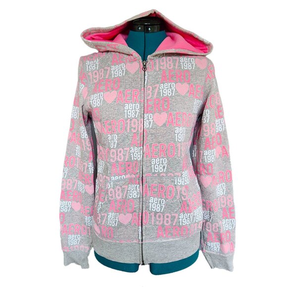 Aeropostale Gray Pink Logo Full-Zip Hoodie Sweatshirt Women’s Size Medium - Picture 1 of 4